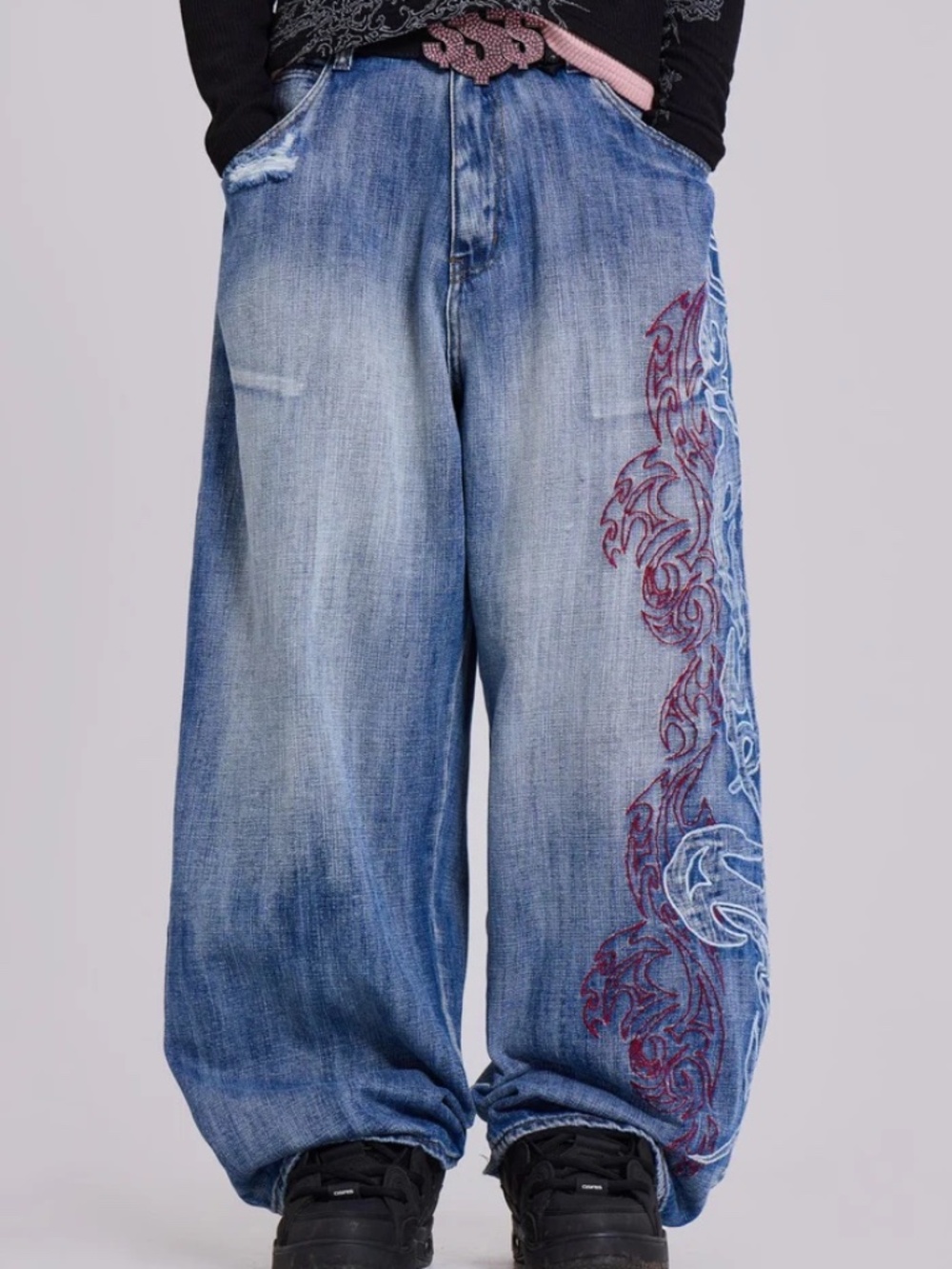 Y2K Blue Tribal Embroidered Baggy Wide Leg Jeans L